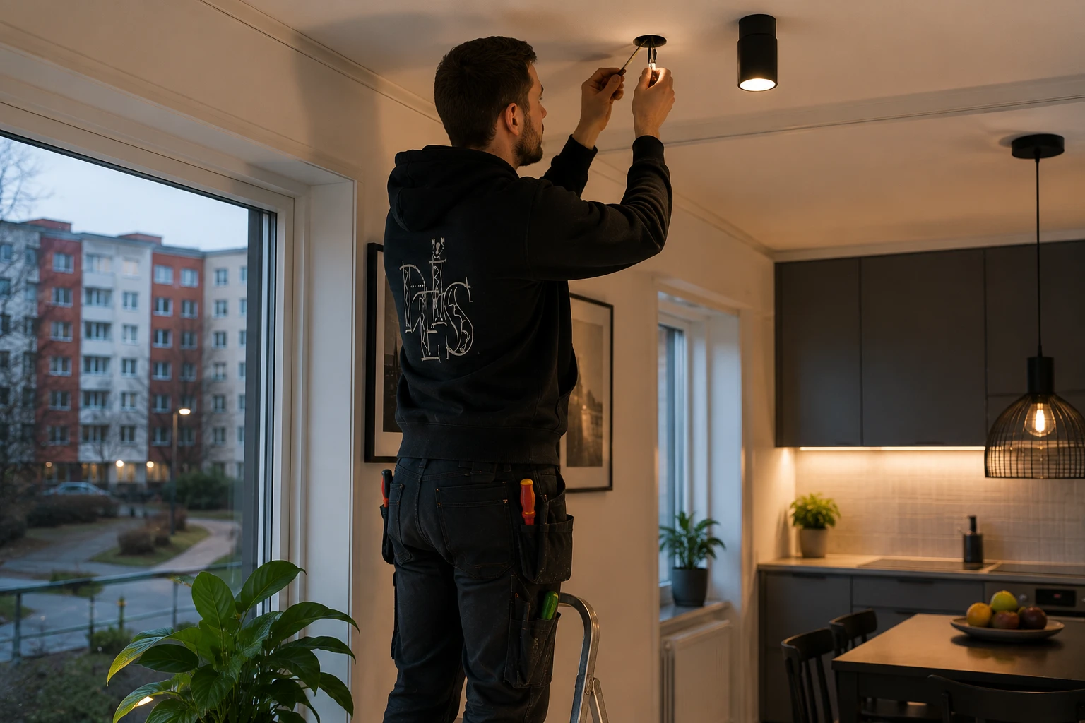 Elektriker utför elinstallation i lägenhet i Skärholmen