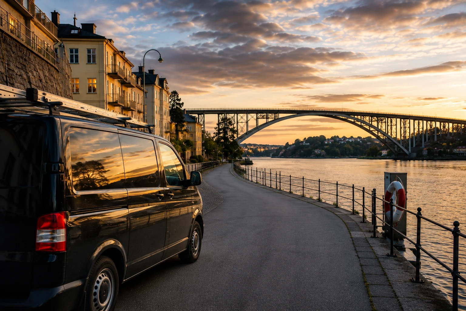 Solnedgång vid Stora Essingen och essingeleden brevid Din Elektriker i Stockholm AB's företagsbil