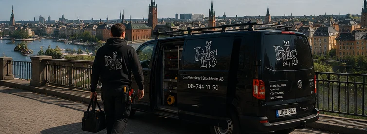 Medarbetare från din Elektriker i Stockholm vid företagsbil med utsikt över Klara Sjö och stadshuset i Stockholm